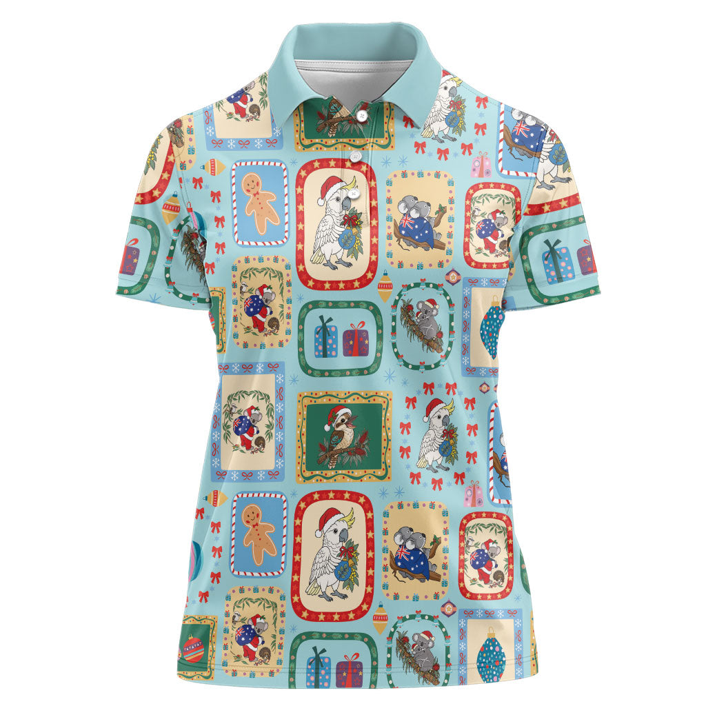 Australia Wildlife Christmas Stamp Women Polo Shirt Blue Aussie Native Animal Seamless Pattern