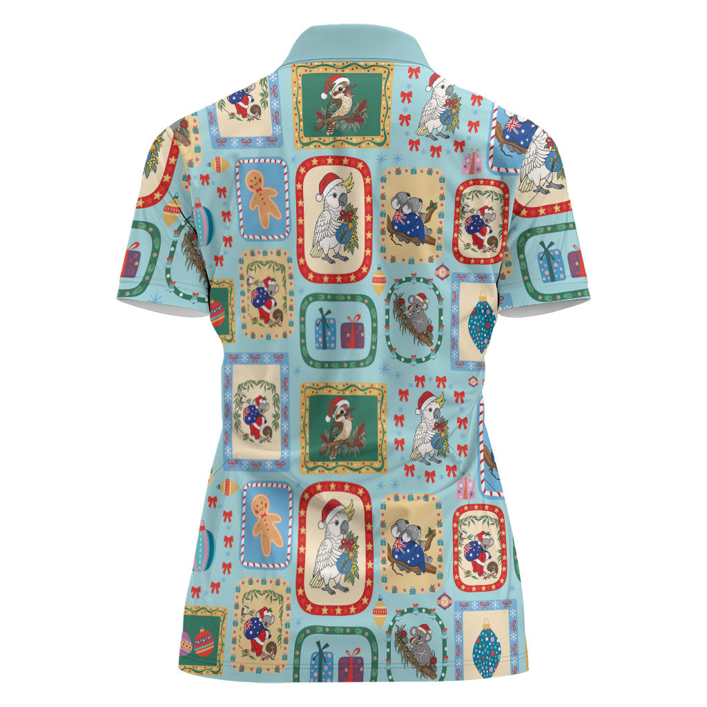 Australia Wildlife Christmas Stamp Women Polo Shirt Blue Aussie Native Animal Seamless Pattern