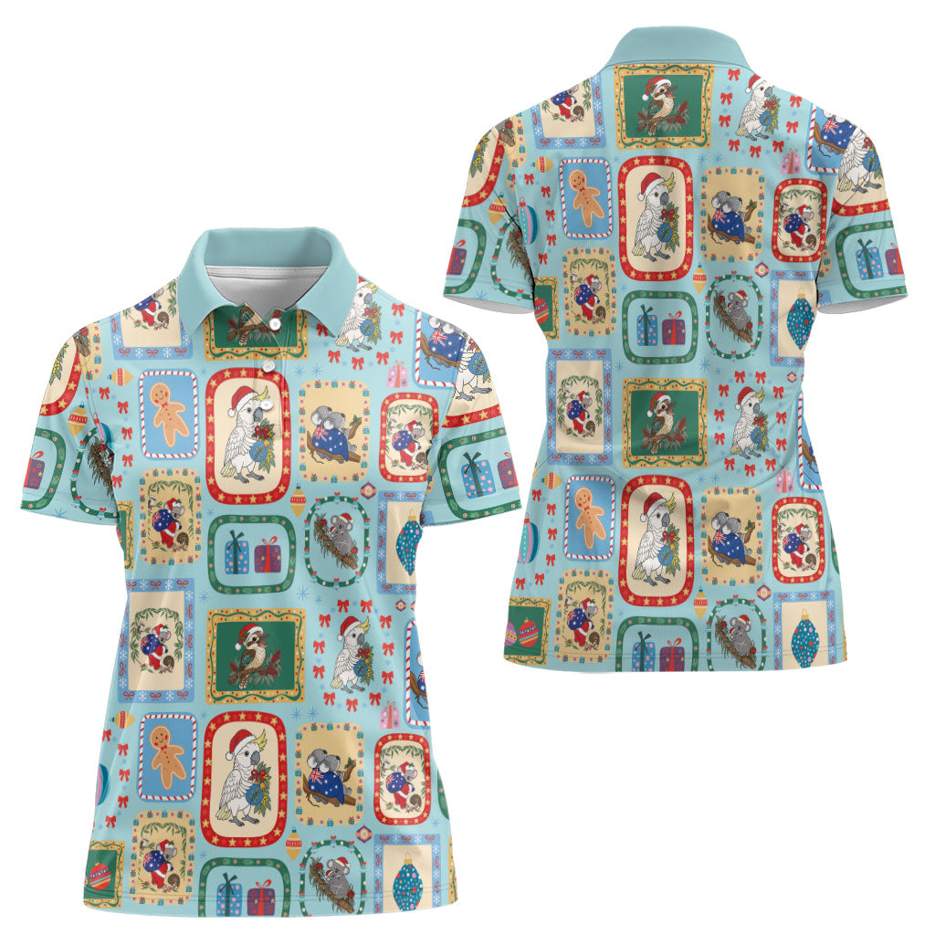 Australia Wildlife Christmas Stamp Women Polo Shirt Blue Aussie Native Animal Seamless Pattern