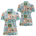 Australia Wildlife Christmas Stamp Women Polo Shirt Blue Aussie Native Animal Seamless Pattern