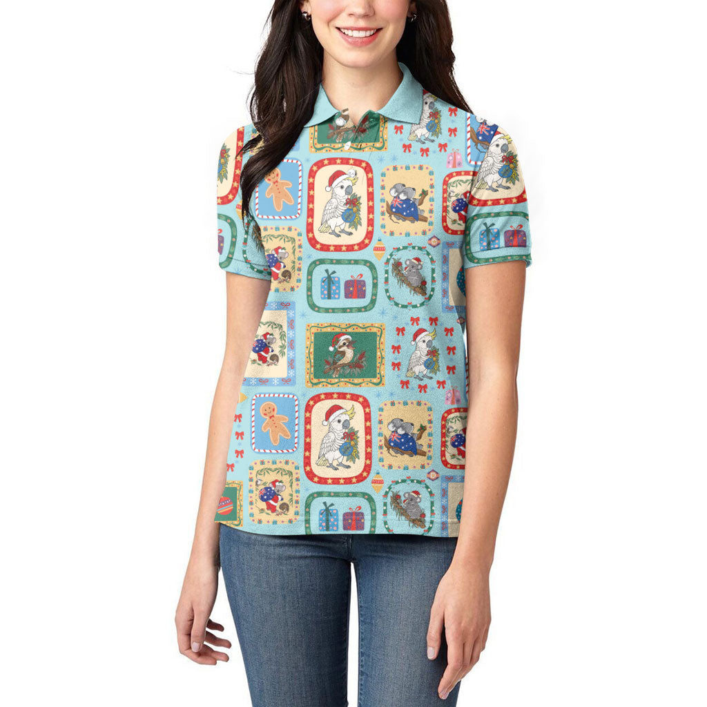 Australia Wildlife Christmas Stamp Women Polo Shirt Blue Aussie Native Animal Seamless Pattern
