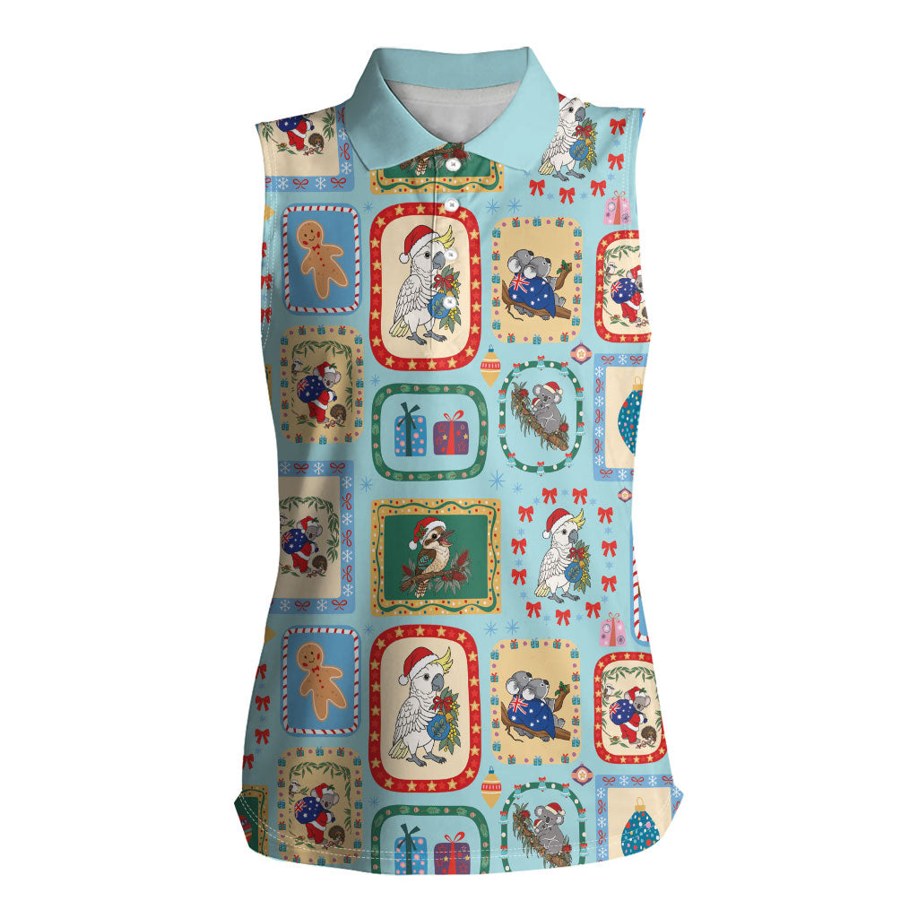 Australia Wildlife Christmas Stamp Women Sleeveless Polo Shirt Blue Aussie Native Animal Seamless Pattern
