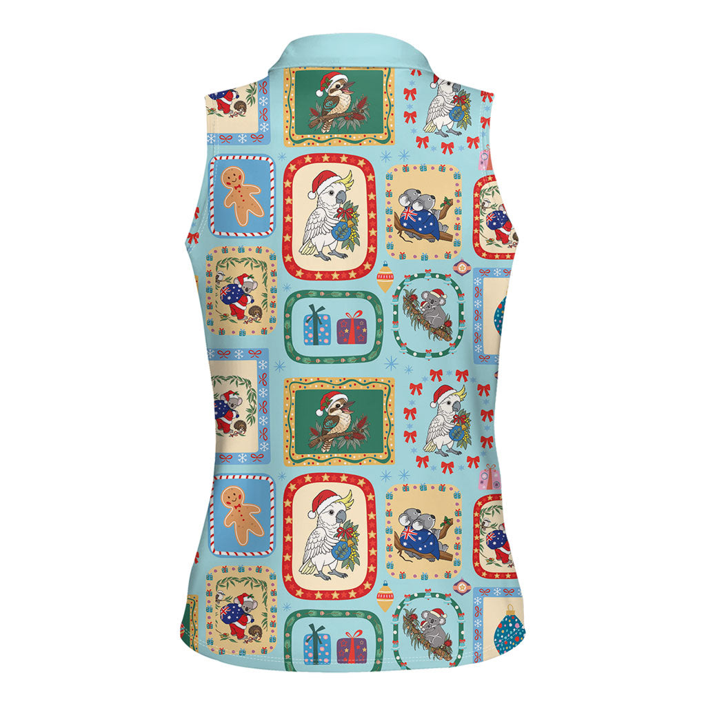 Australia Wildlife Christmas Stamp Women Sleeveless Polo Shirt Blue Aussie Native Animal Seamless Pattern