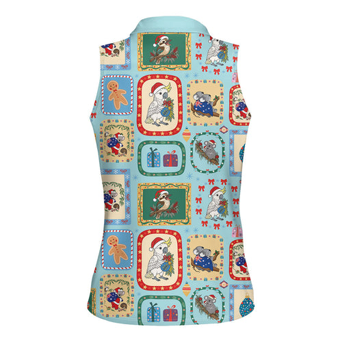 Australia Wildlife Christmas Stamp Women Sleeveless Polo Shirt Blue Aussie Native Animal Seamless Pattern