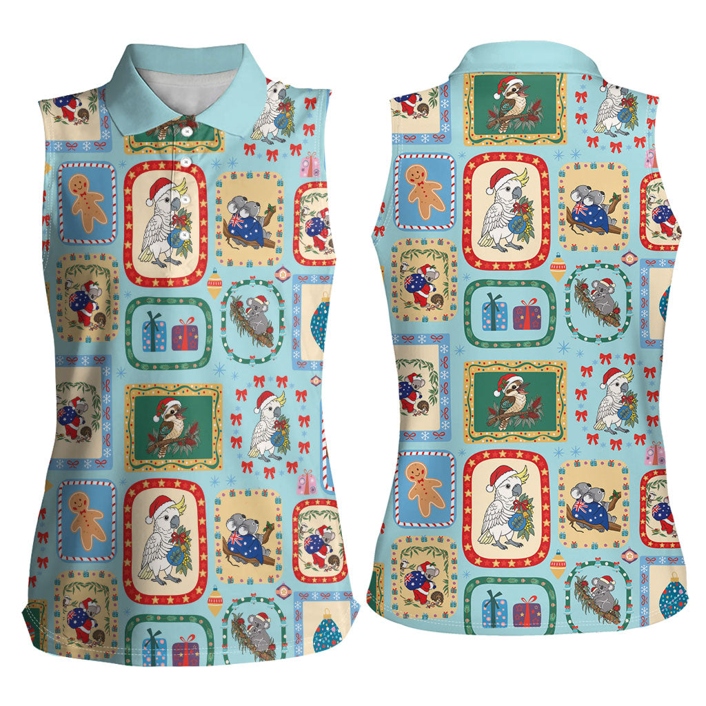 Australia Wildlife Christmas Stamp Women Sleeveless Polo Shirt Blue Aussie Native Animal Seamless Pattern