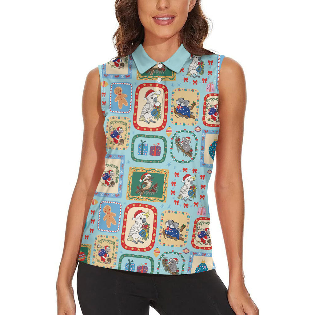 Australia Wildlife Christmas Stamp Women Sleeveless Polo Shirt Blue Aussie Native Animal Seamless Pattern