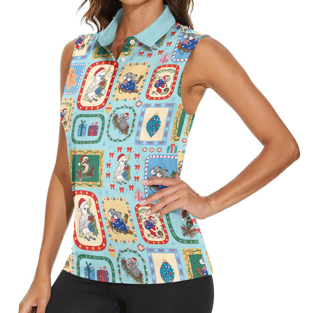 Australia Wildlife Christmas Stamp Women Sleeveless Polo Shirt Blue Aussie Native Animal Seamless Pattern