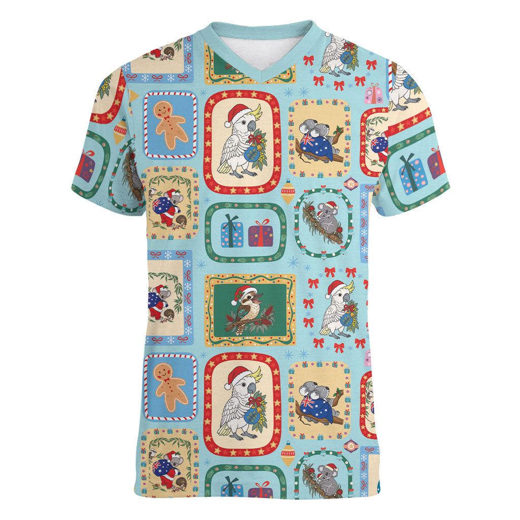 Australia Wildlife Christmas Stamp Women V-Neck T-Shirt Blue Aussie Native Animal Seamless Pattern