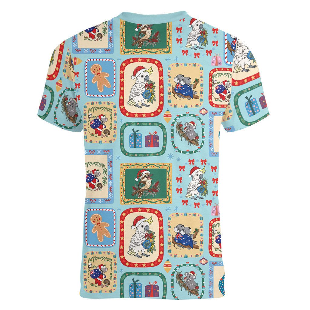 Australia Wildlife Christmas Stamp Women V-Neck T-Shirt Blue Aussie Native Animal Seamless Pattern