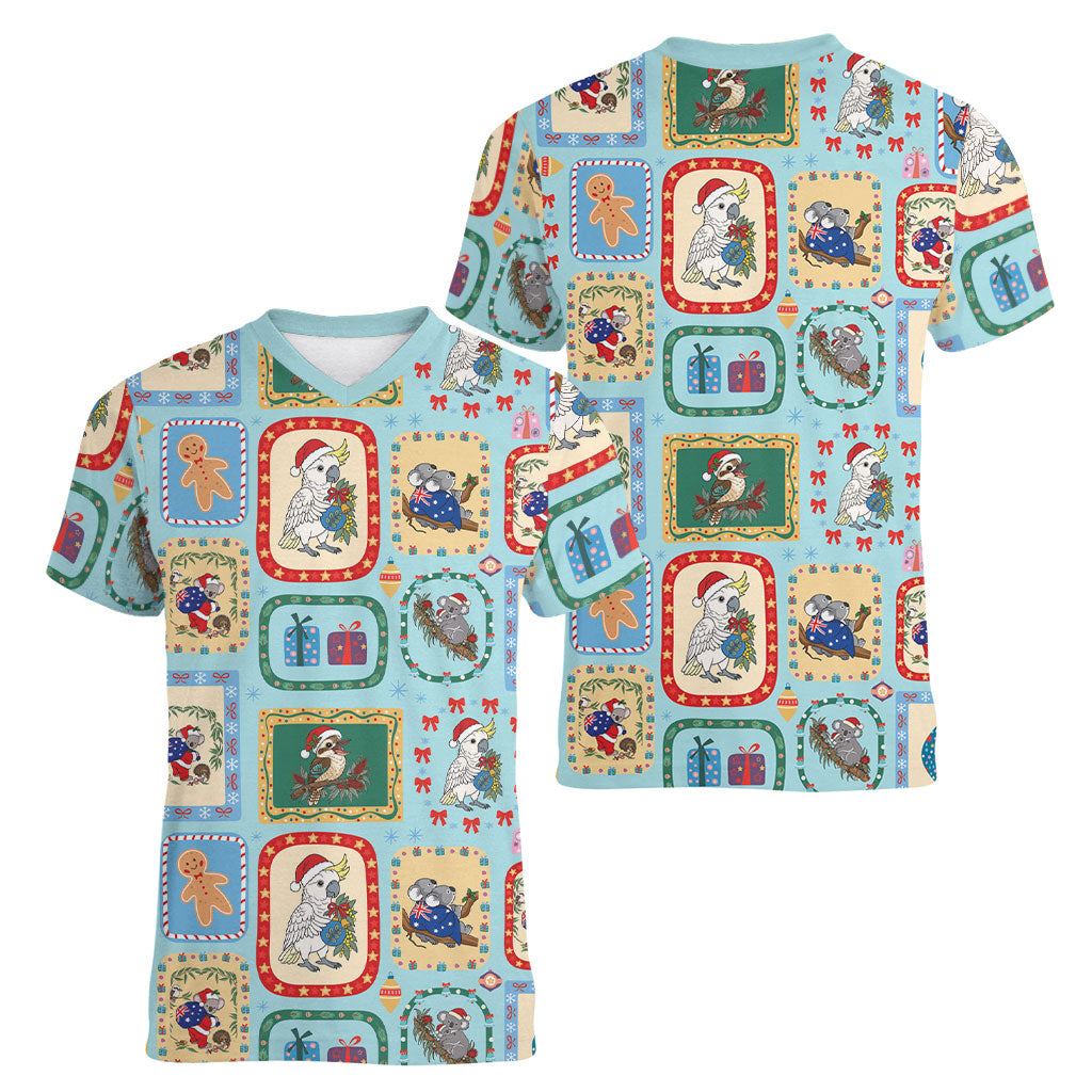 Australia Wildlife Christmas Stamp Women V-Neck T-Shirt Blue Aussie Native Animal Seamless Pattern