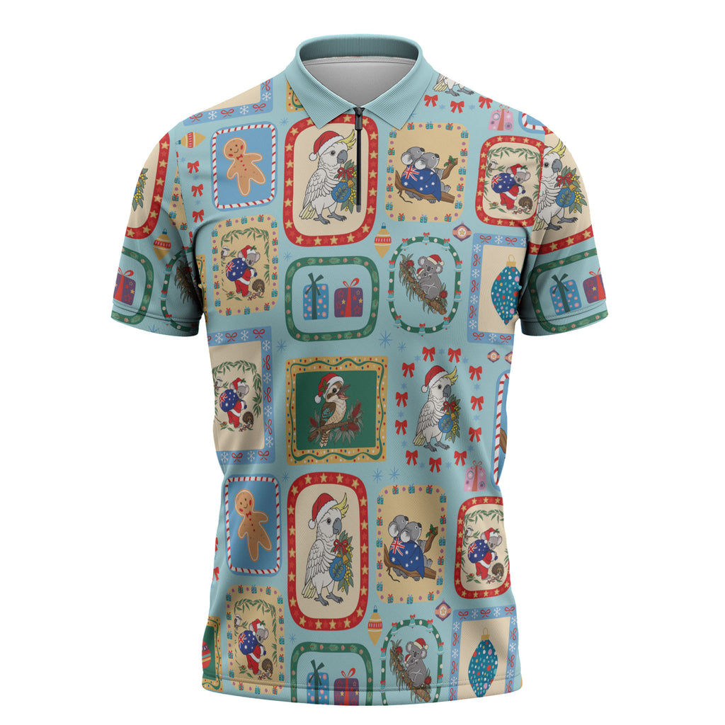 Australia Wildlife Christmas Stamp Zipper Polo Shirt Blue Aussie Native Animal Seamless Pattern
