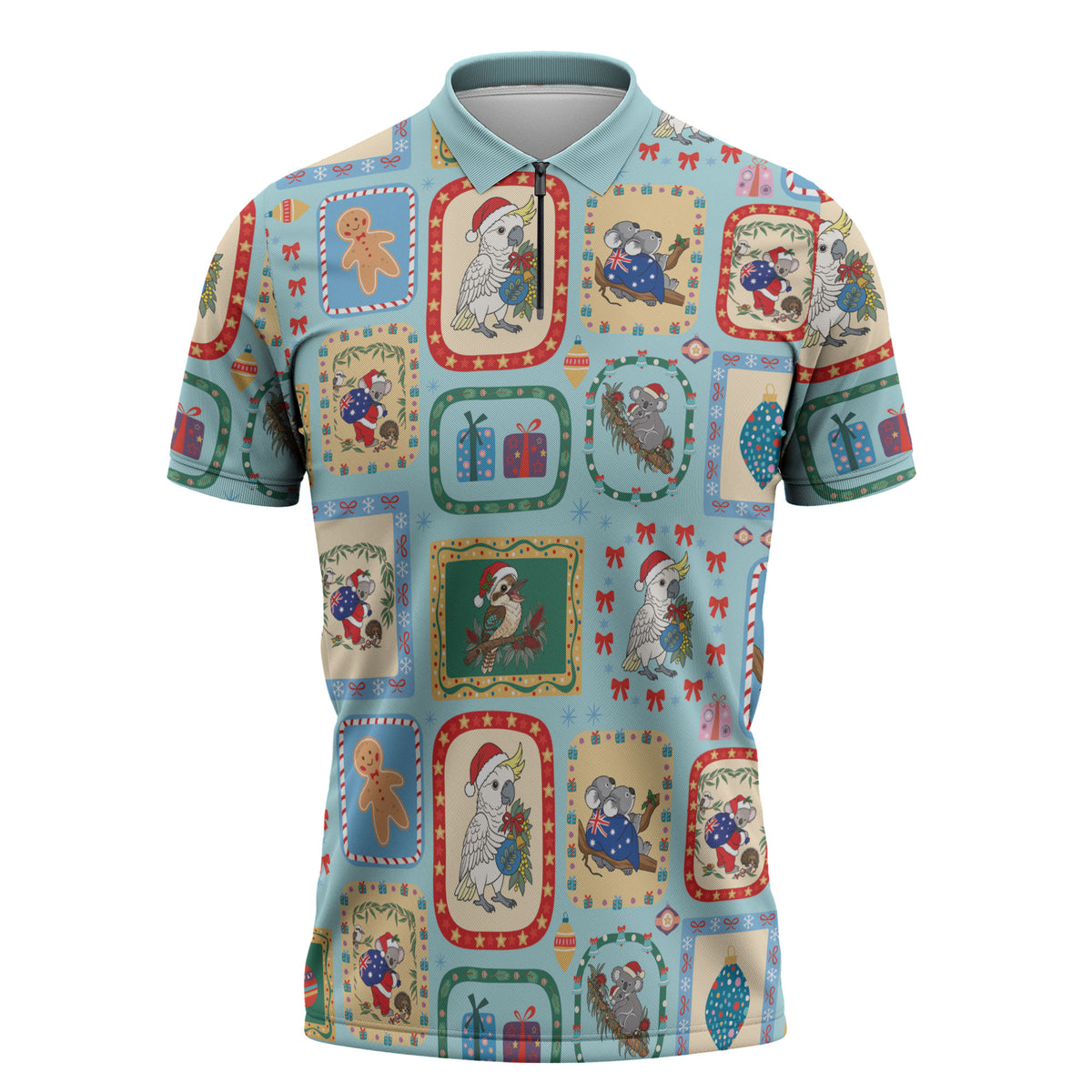 Australia Wildlife Christmas Stamp Zipper Polo Shirt Blue Aussie Native Animal Seamless Pattern