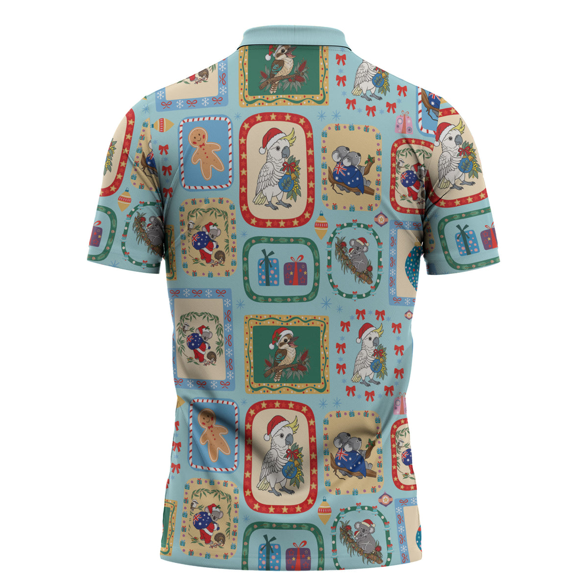 Australia Wildlife Christmas Stamp Zipper Polo Shirt Blue Aussie Native Animal Seamless Pattern