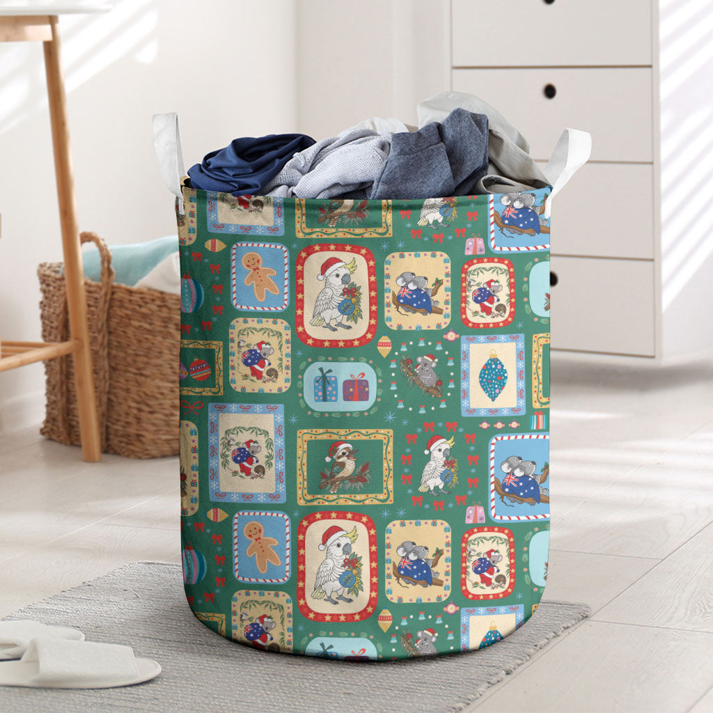 Australia Wildlife Christmas Stamp Laundry Basket Green Aussie Native Animal Seamless Pattern