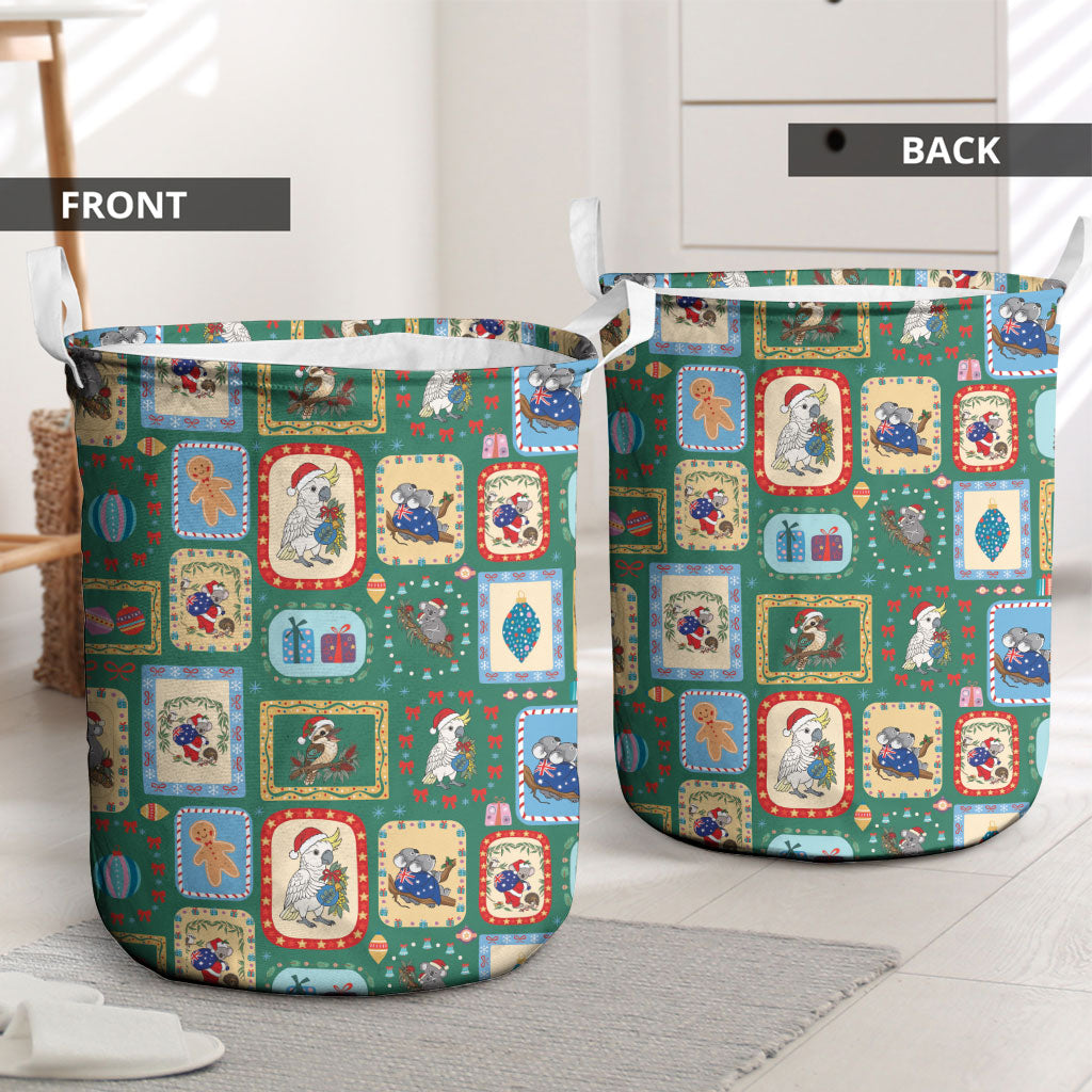 Australia Wildlife Christmas Stamp Laundry Basket Green Aussie Native Animal Seamless Pattern