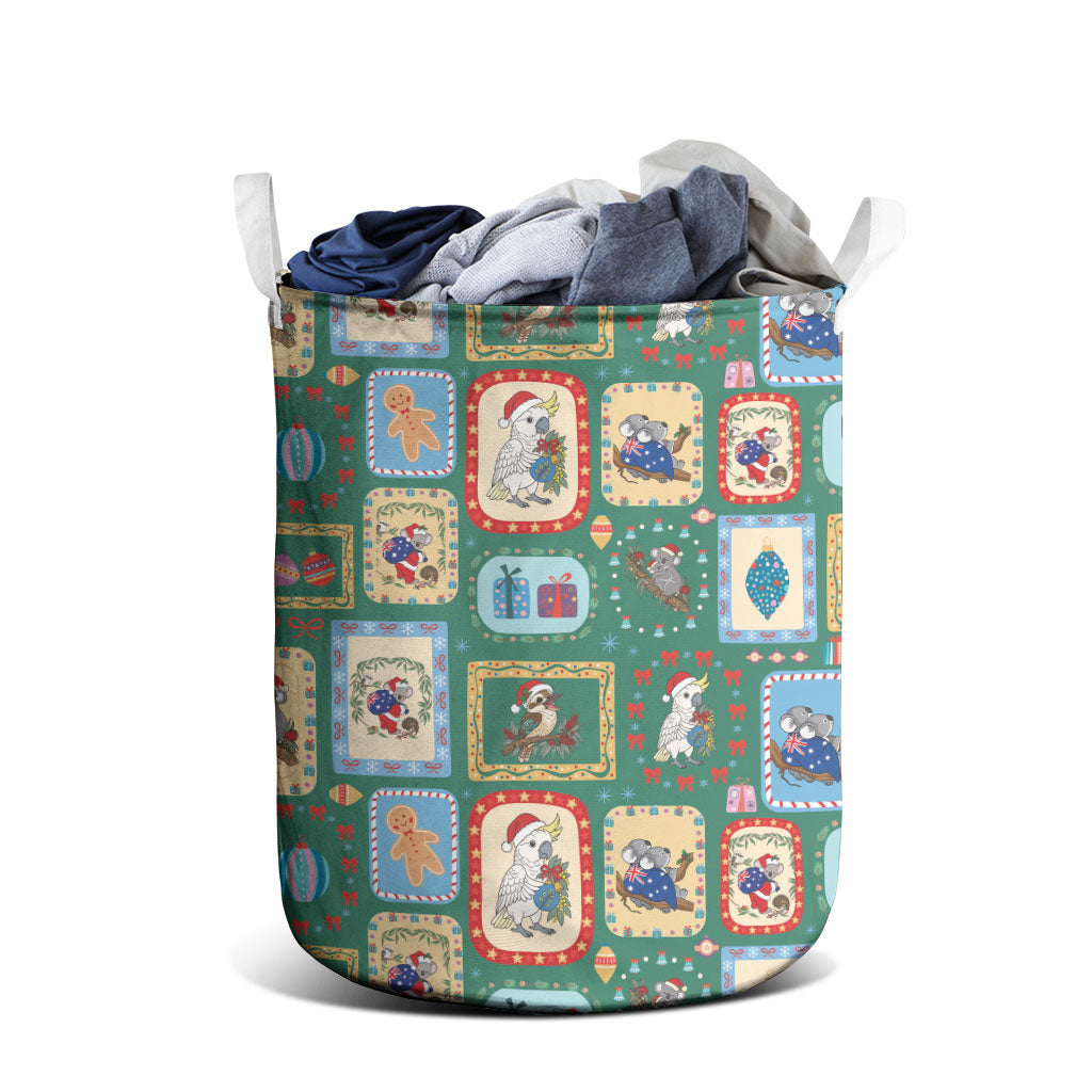 Australia Wildlife Christmas Stamp Laundry Basket Green Aussie Native Animal Seamless Pattern