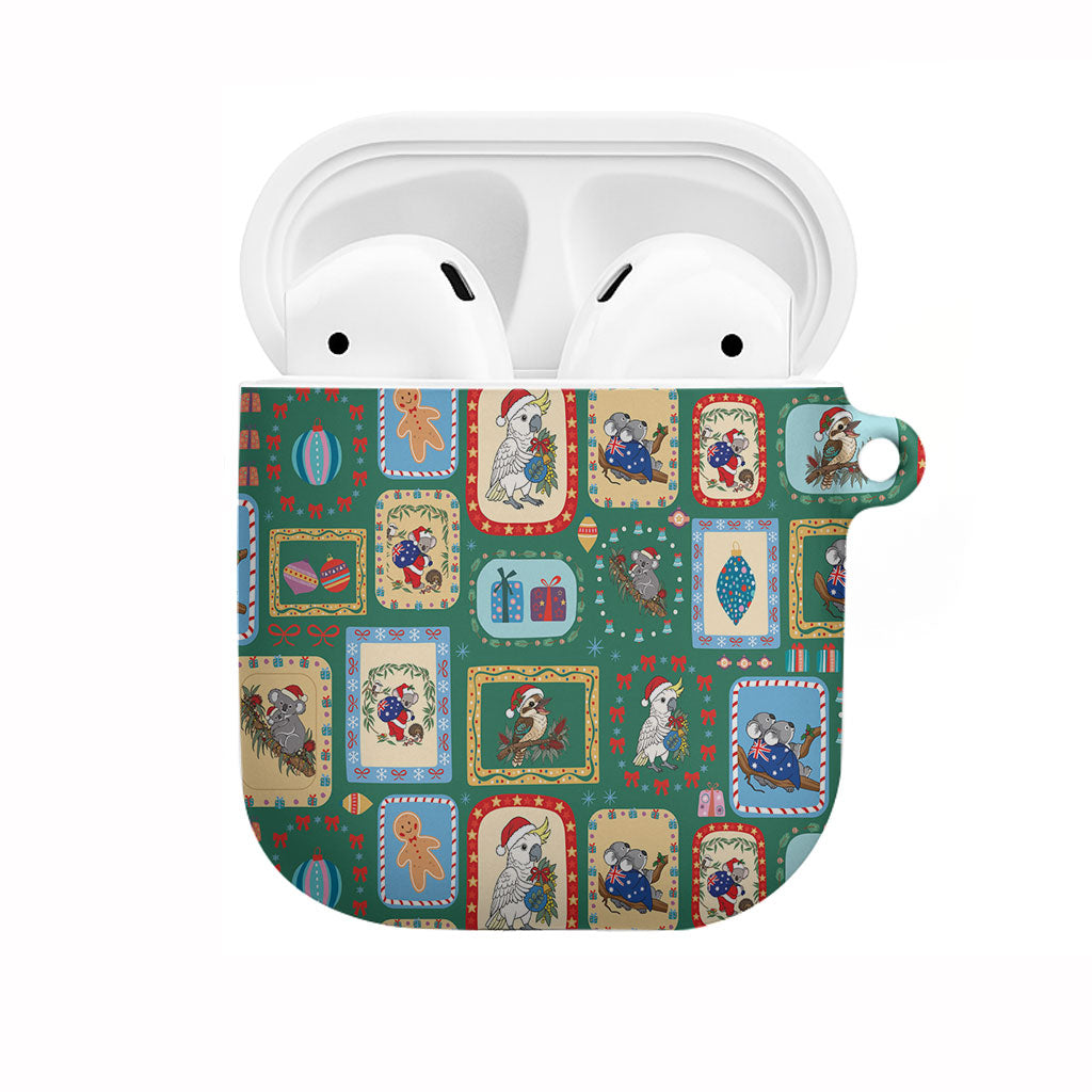 Australia Wildlife Christmas Stamp AirPods Case Green Aussie Native Animal Seamless Pattern