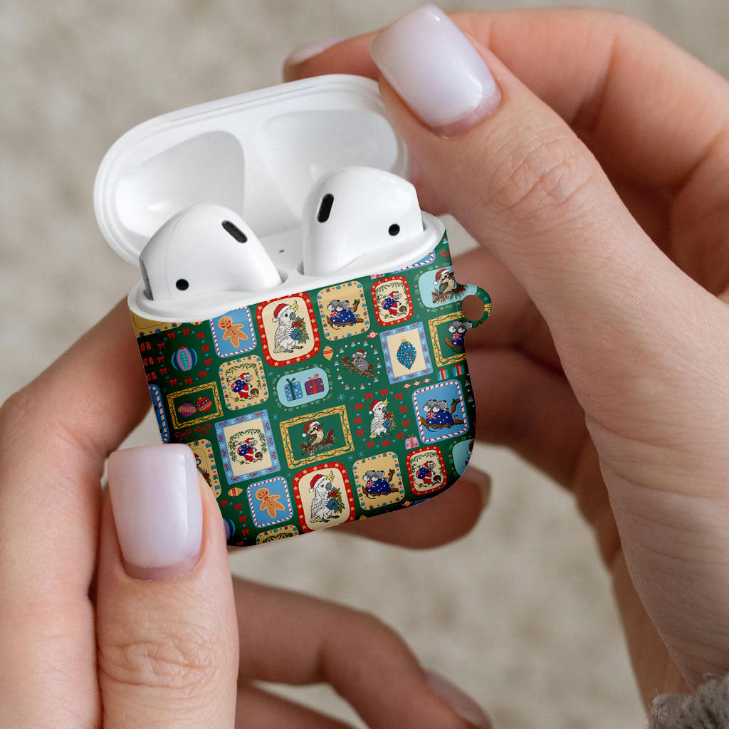 Australia Wildlife Christmas Stamp AirPods Case Green Aussie Native Animal Seamless Pattern
