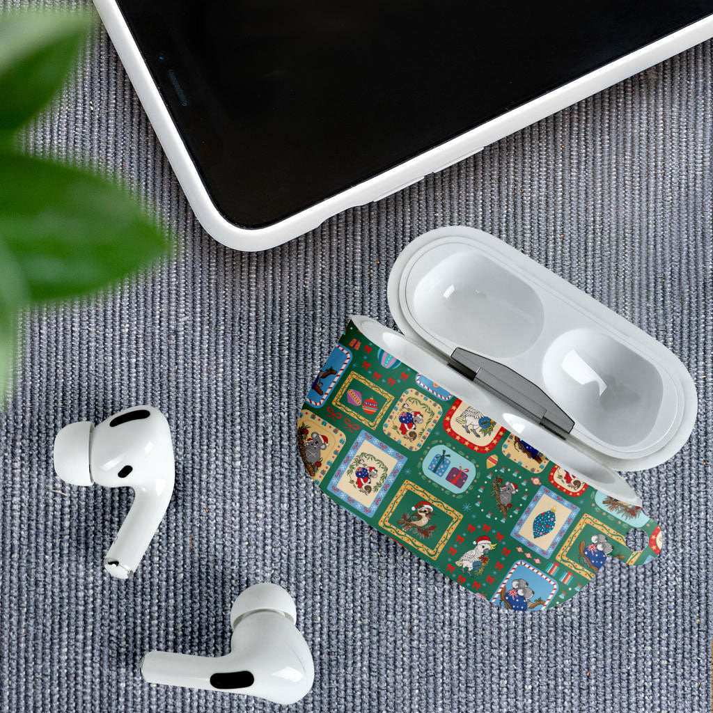 Australia Wildlife Christmas Stamp AirPods Case Green Aussie Native Animal Seamless Pattern