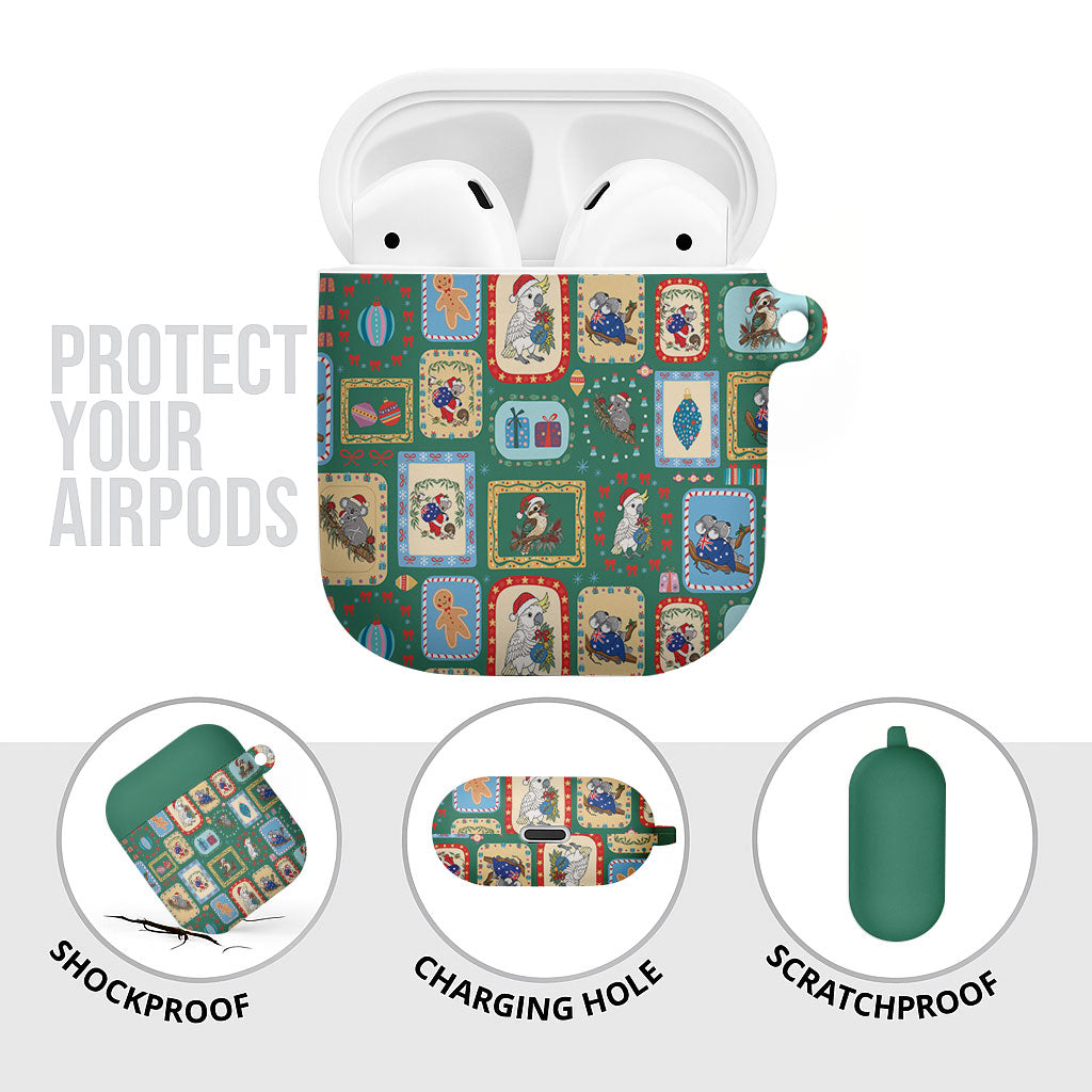 Australia Wildlife Christmas Stamp AirPods Case Green Aussie Native Animal Seamless Pattern