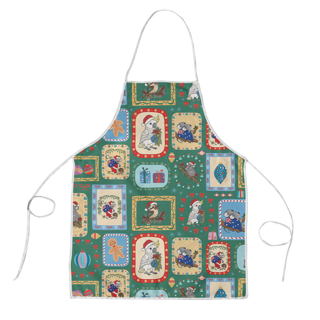 Australia Wildlife Christmas Stamp Apron Green Aussie Native Animal Seamless Pattern