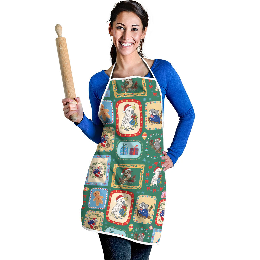 Australia Wildlife Christmas Stamp Apron Green Aussie Native Animal Seamless Pattern