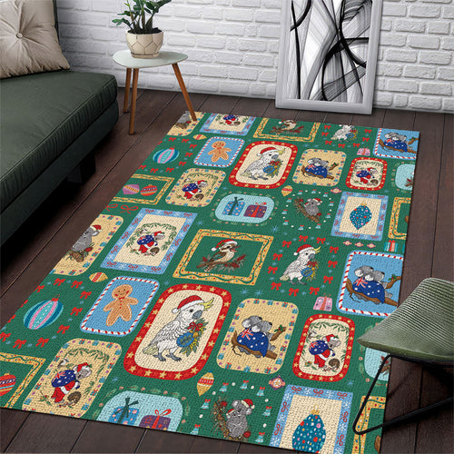 Australia Wildlife Christmas Stamp Area Rug Green Aussie Native Animal Seamless Pattern
