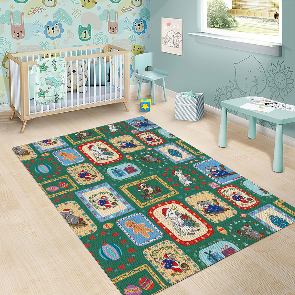 Australia Wildlife Christmas Stamp Area Rug Green Aussie Native Animal Seamless Pattern