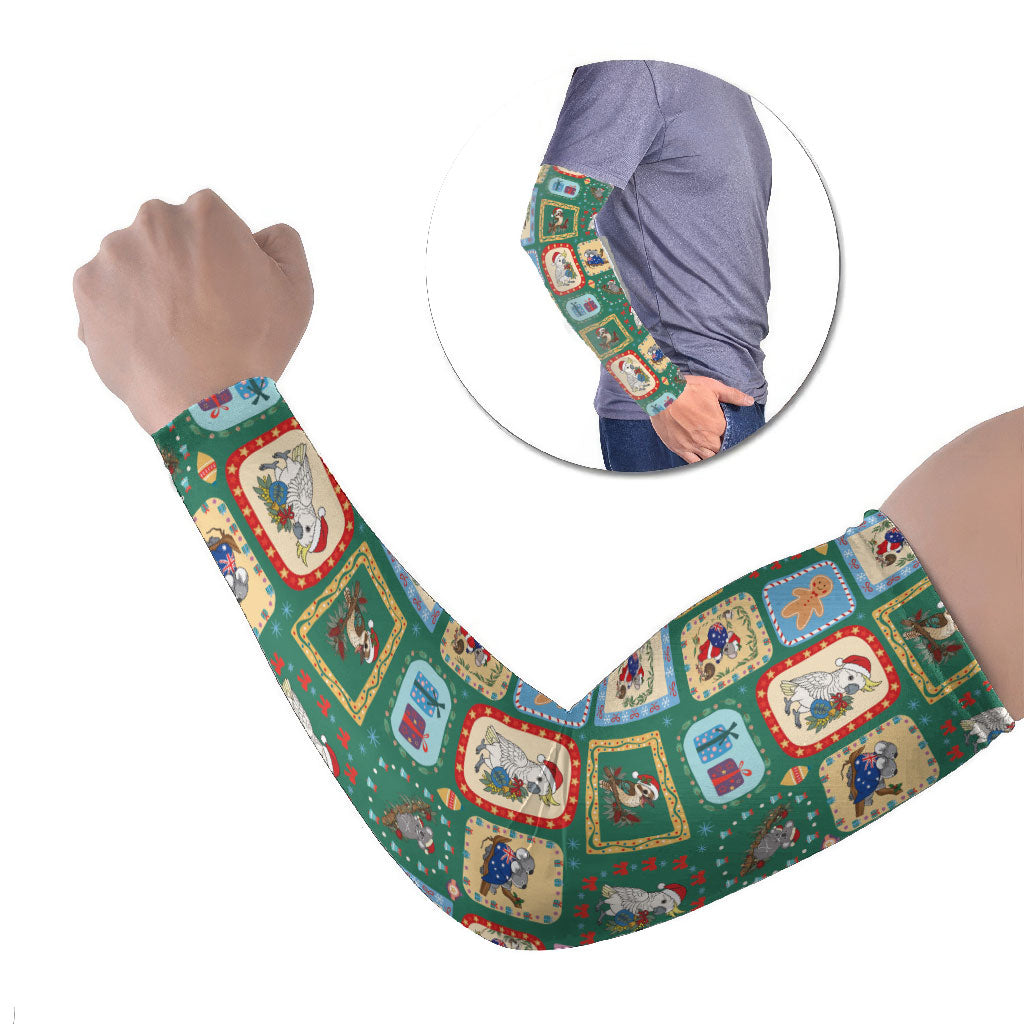 Australia Wildlife Christmas Stamp Arm Sleeves Green Aussie Native Animal Seamless Pattern