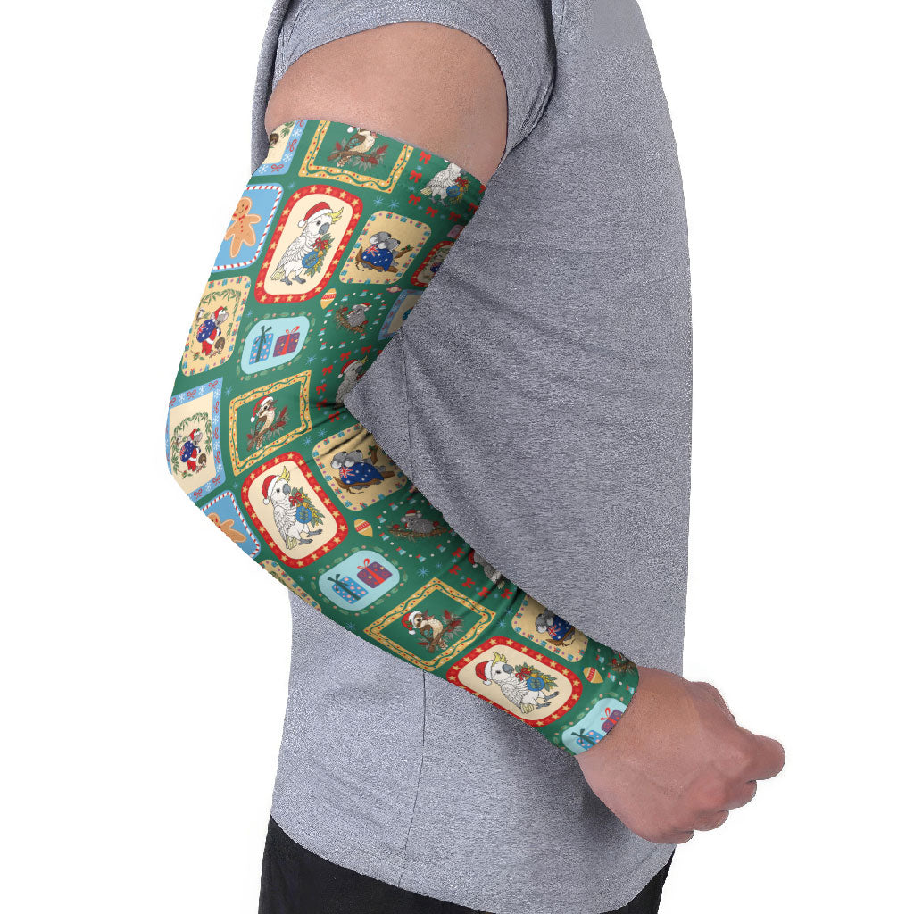 Australia Wildlife Christmas Stamp Arm Sleeves Green Aussie Native Animal Seamless Pattern