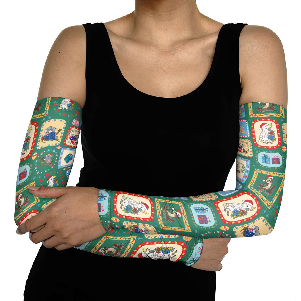 Australia Wildlife Christmas Stamp Arm Sleeves Green Aussie Native Animal Seamless Pattern