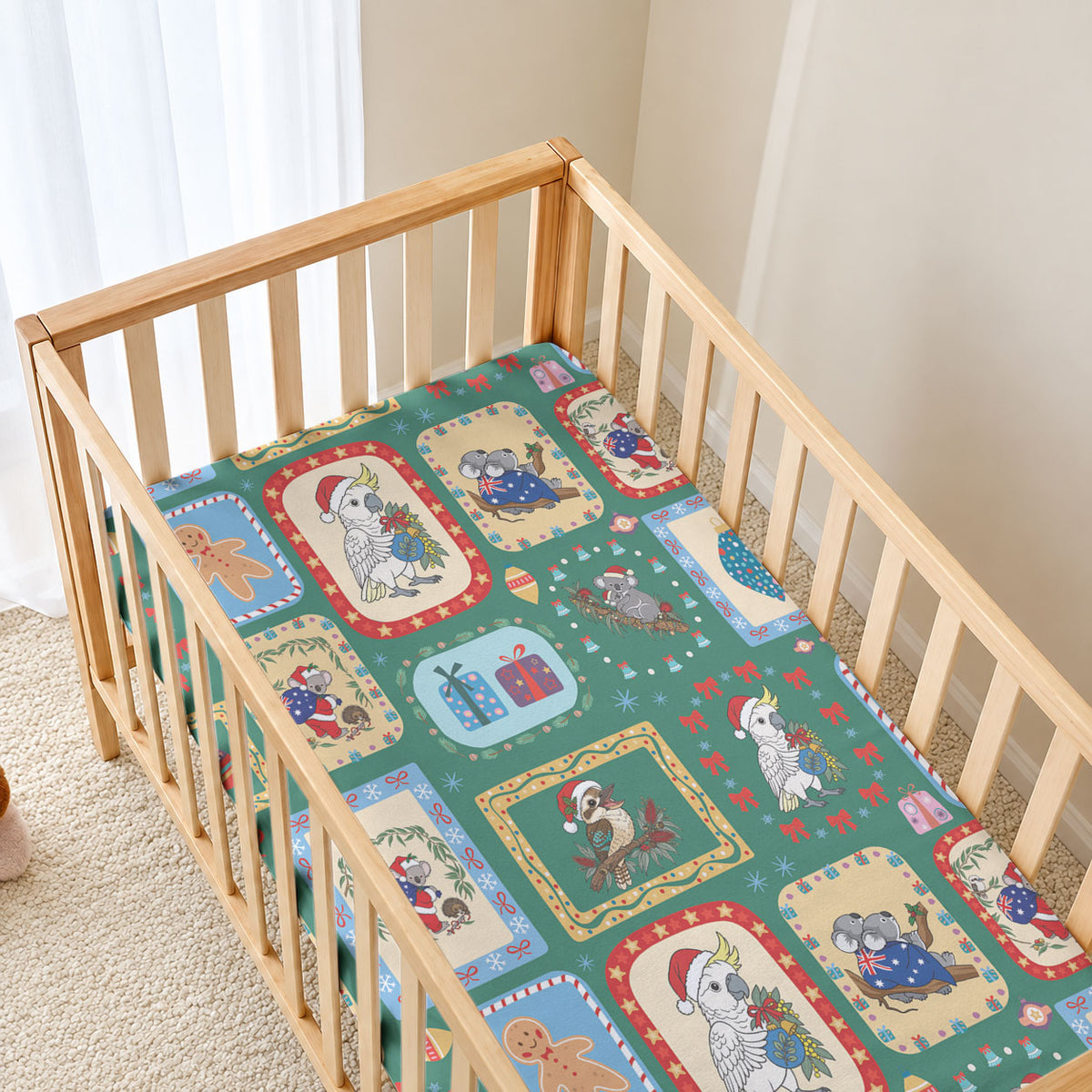 Australia Wildlife Christmas Stamp Baby Bed Cover Green Aussie Native Animal Seamless Pattern