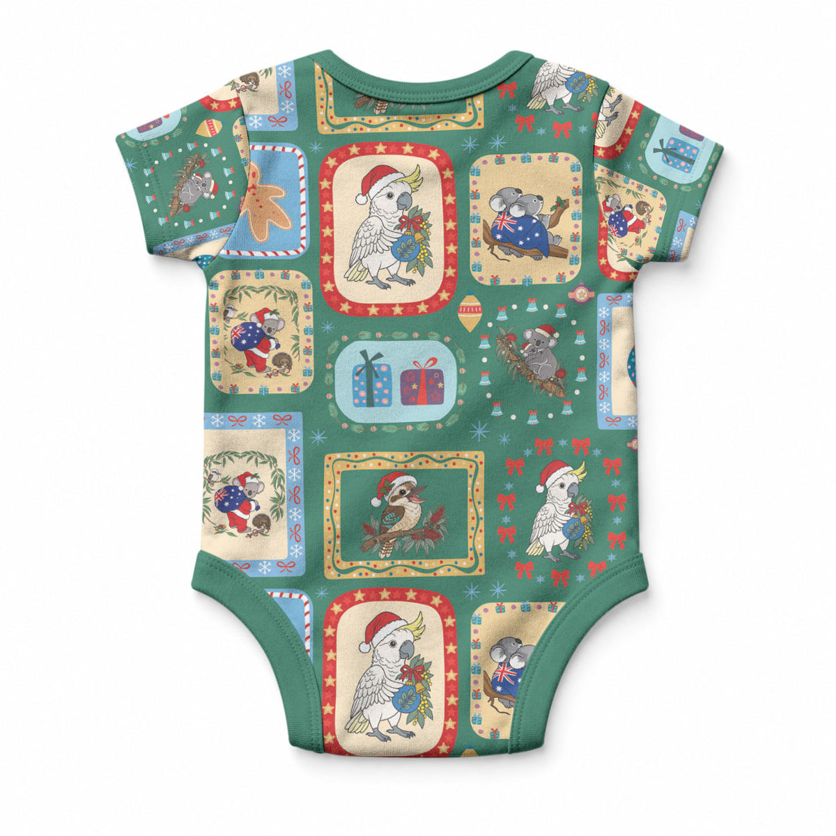 Australia Wildlife Christmas Stamp Baby Onesie Green Aussie Native Animal Seamless Pattern