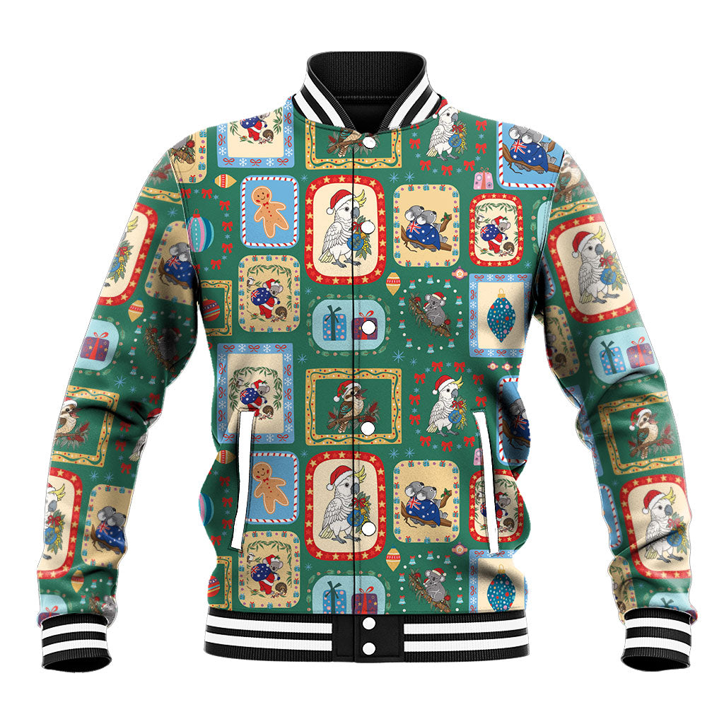 Australia Wildlife Christmas Stamp Baseball Jacket Green Aussie Native Animal Seamless Pattern