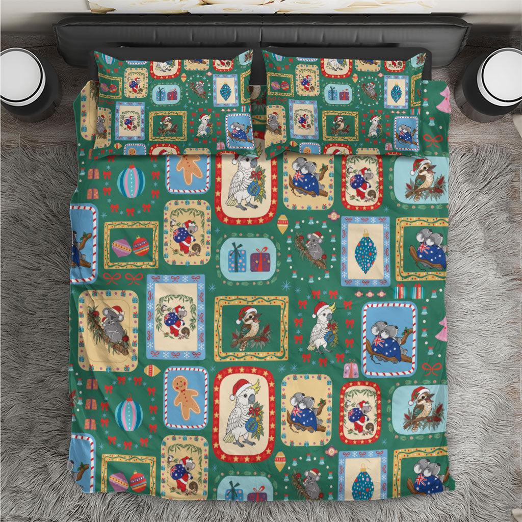 Australia Wildlife Christmas Stamp Bedding Set Green Aussie Native Animal Seamless Pattern