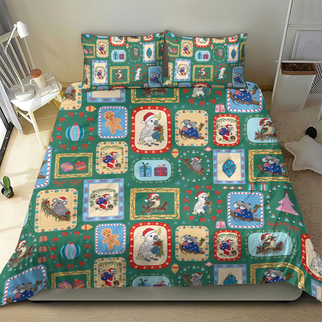 Australia Wildlife Christmas Stamp Bedding Set Green Aussie Native Animal Seamless Pattern