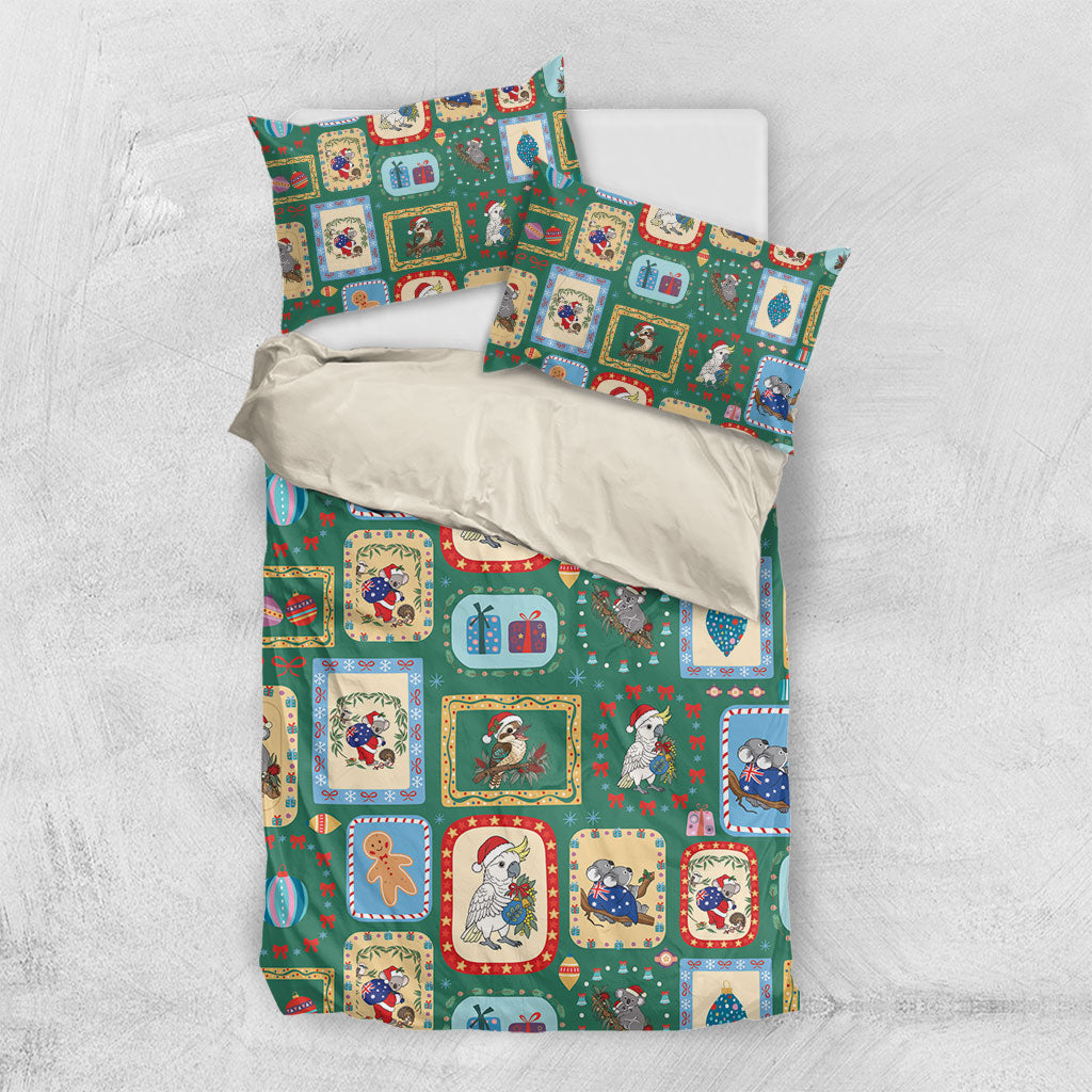 Australia Wildlife Christmas Stamp Bedding Set Green Aussie Native Animal Seamless Pattern
