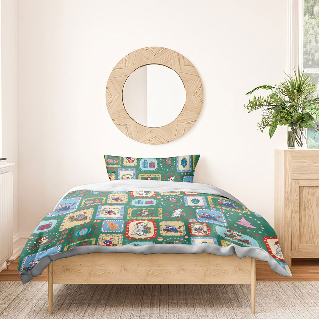 Australia Wildlife Christmas Stamp Bedding Set Green Aussie Native Animal Seamless Pattern