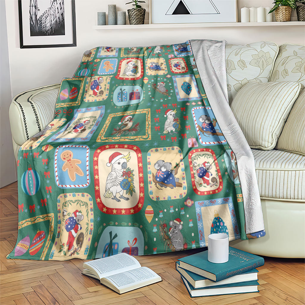 Australia Wildlife Christmas Stamp Blanket Green Aussie Native Animal Seamless Pattern