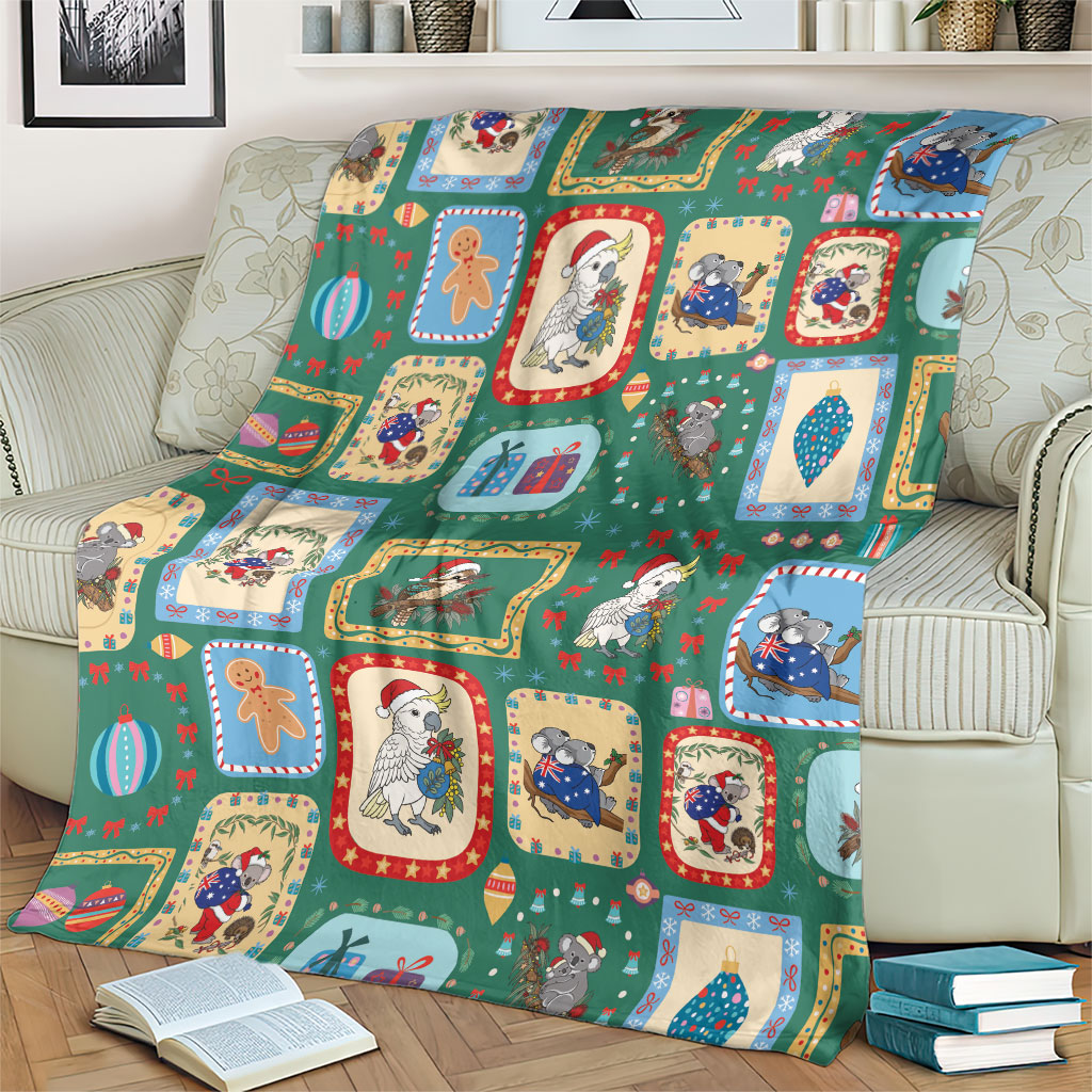Australia Wildlife Christmas Stamp Blanket Green Aussie Native Animal Seamless Pattern