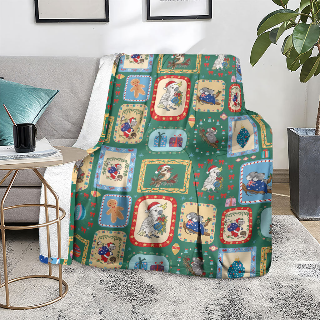 Australia Wildlife Christmas Stamp Blanket Green Aussie Native Animal Seamless Pattern