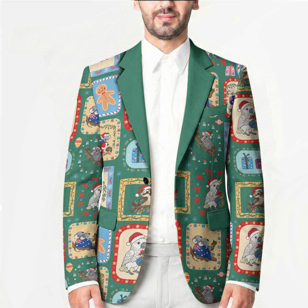 Australia Wildlife Christmas Stamp Blazer Green Aussie Native Animal Seamless Pattern