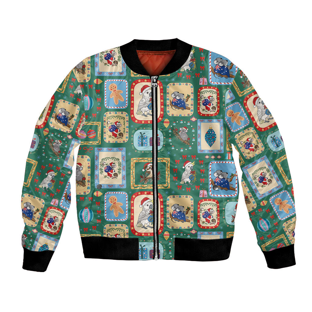 Australia Wildlife Christmas Stamp Bomber Jacket Green Aussie Native Animal Seamless Pattern