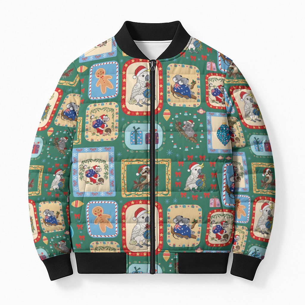 Australia Wildlife Christmas Stamp Bomber Puffer Jacket Green Aussie Native Animal Seamless Pattern