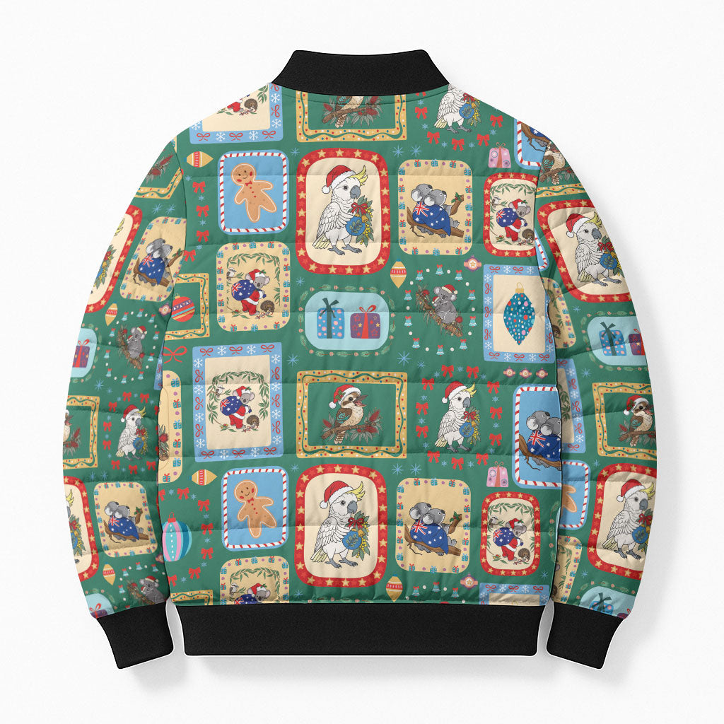 Australia Wildlife Christmas Stamp Bomber Puffer Jacket Green Aussie Native Animal Seamless Pattern