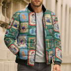 Australia Wildlife Christmas Stamp Bomber Puffer Jacket Green Aussie Native Animal Seamless Pattern