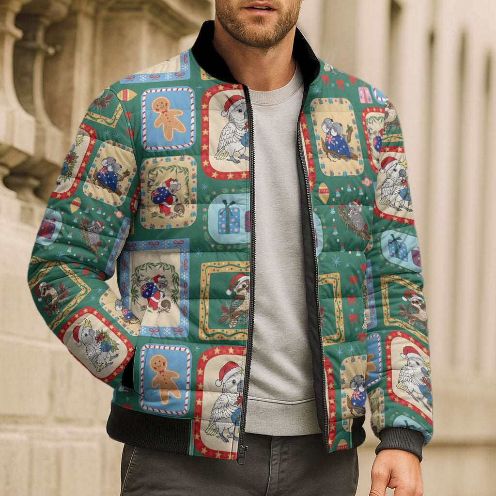 Australia Wildlife Christmas Stamp Bomber Puffer Jacket Green Aussie Native Animal Seamless Pattern