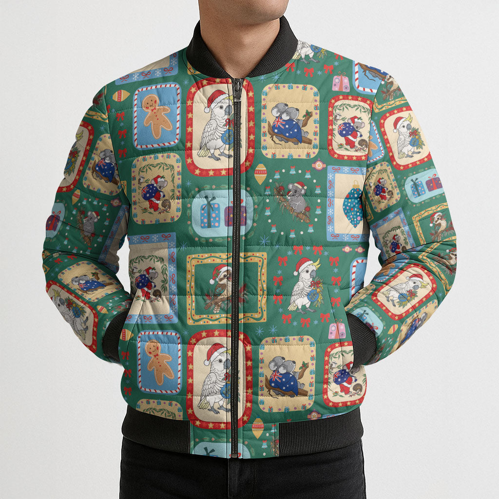 Australia Wildlife Christmas Stamp Bomber Puffer Jacket Green Aussie Native Animal Seamless Pattern