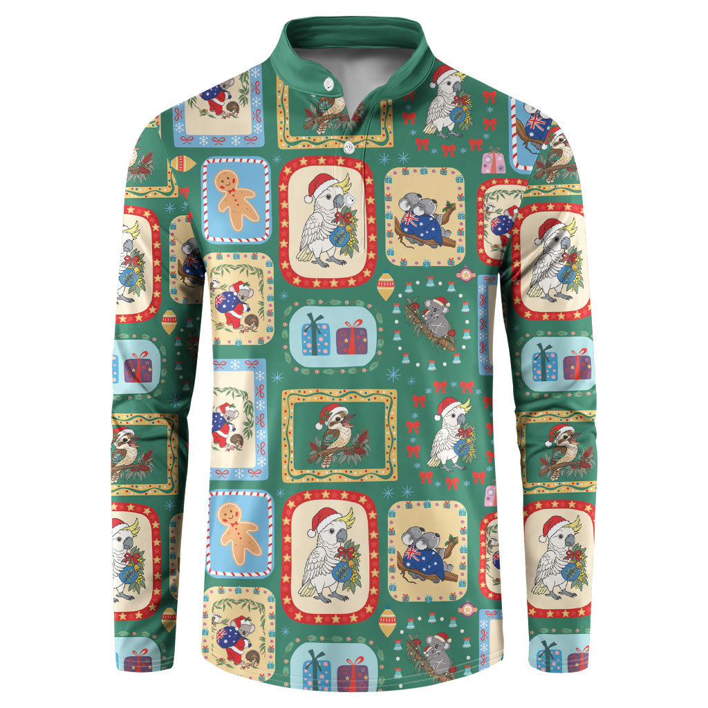 Australia Wildlife Christmas Stamp Button Sweatshirt Green Aussie Native Animal Seamless Pattern