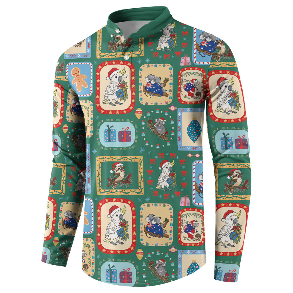 Australia Wildlife Christmas Stamp Button Sweatshirt Green Aussie Native Animal Seamless Pattern